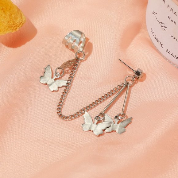 silver Butterfly crystal chain Cuff Earring for single ear - Picture 8 of 9